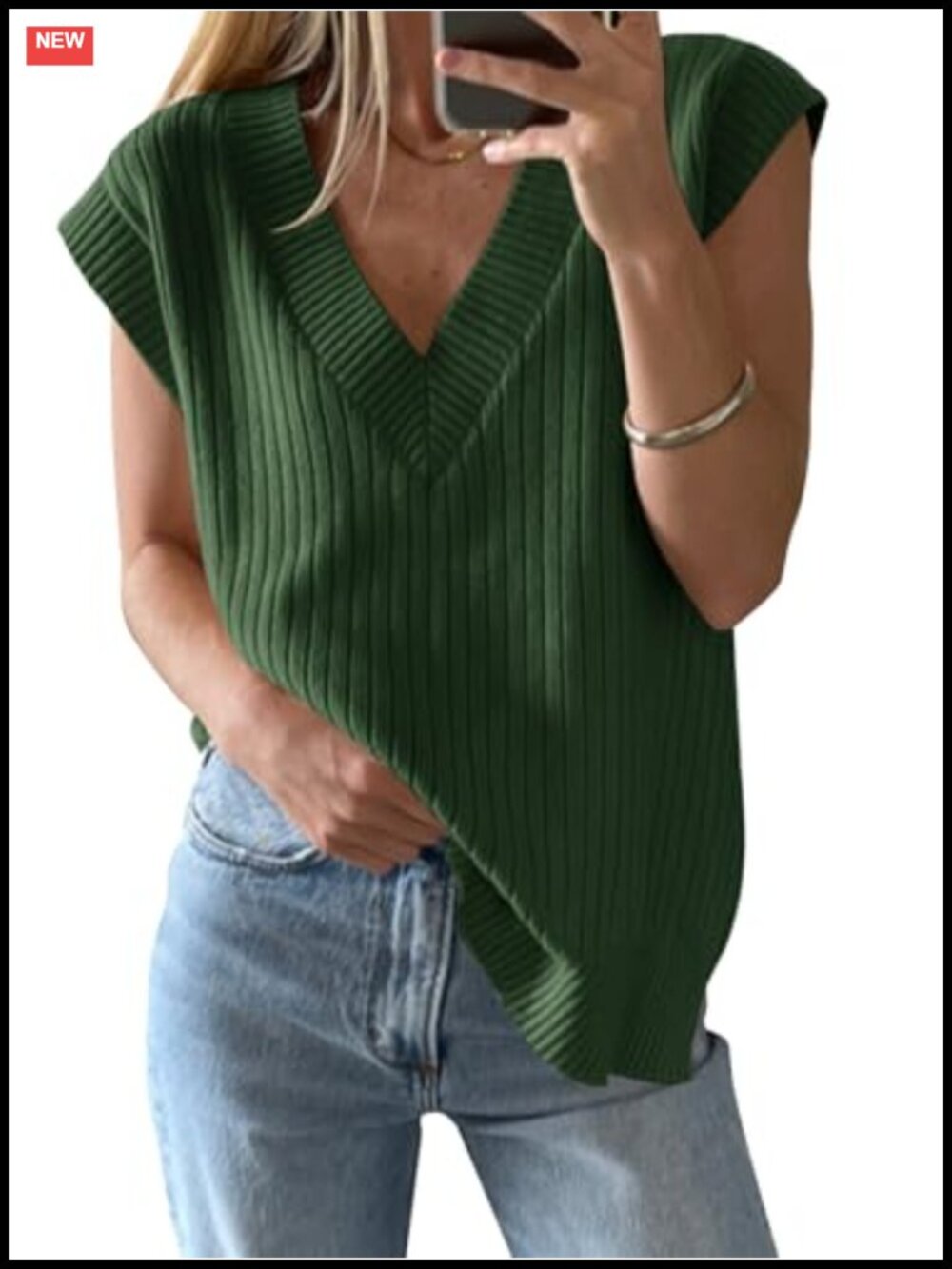 Ribbed Knit V Neck Sweater Vest Sleeveless Pullover Loose Fit